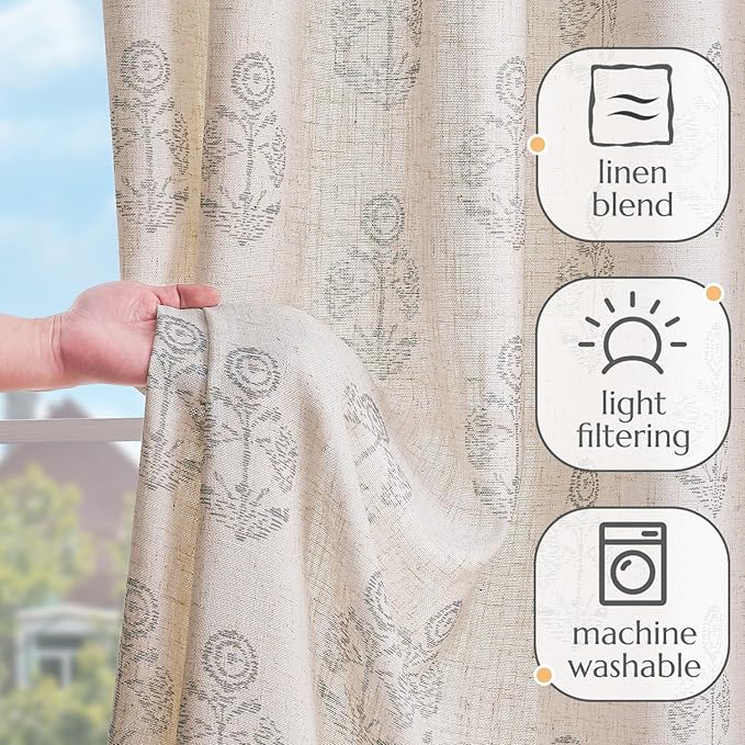 jinchan Linen Floral Curtains for Living Room 96 Inch Length Gray Flower Cottage Core Farmhouse Curtains Rod Pocket Back Tab Boho Semi Sheer Window Drapes Bedroom Set 2 Panels Grey on Beige