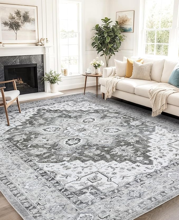 AMADA HOMEFURNISHING 8x10 Area Rugs, Low-Profile Large Washable Area Rug with Non-Slip Backing & Durable Edge Binding, Vintage Rugs for Living Room, Bedroom, Dinning Room
