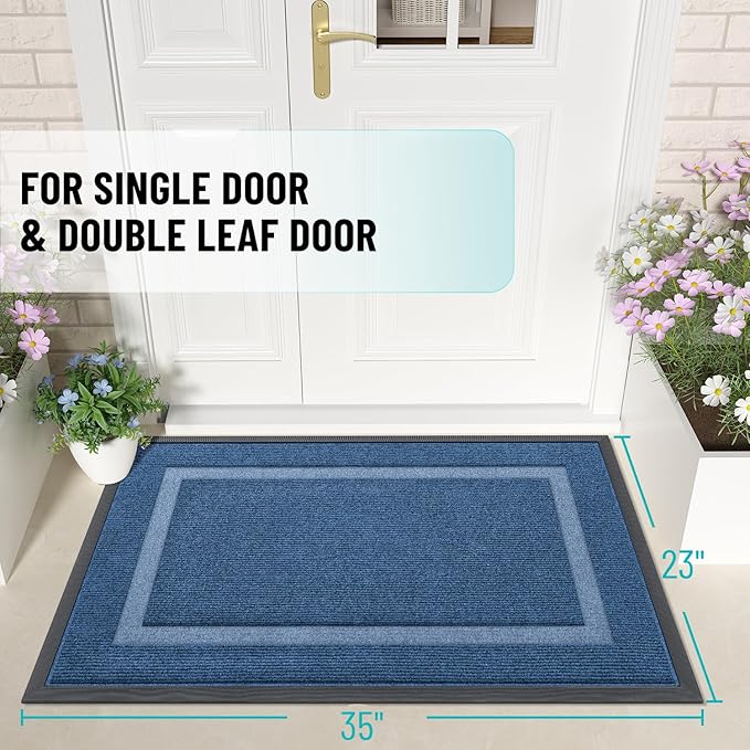 OLANLY Front Door Mat Indoor Outdoor Entrance, Waterproof All-Season, All-Weather Doormat, Sturdy Natural Rubber, Fade Resistant, Low Profile, Easy Clean Patio Porch Entryway Mat, 35x23, Light Blue