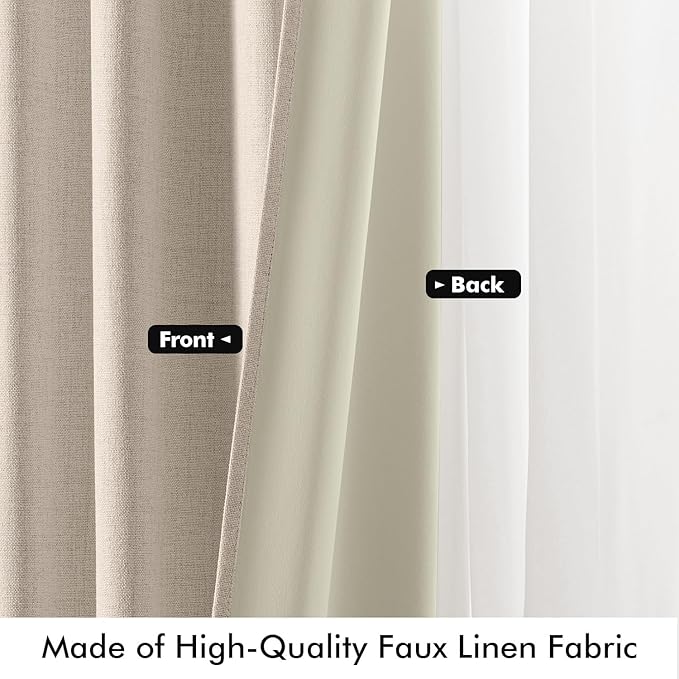 MIULEE 100% Blackout Linen Curtains for Bedroom, Natural Solid Luxury Decor Thermal Insulation Room Darkening Drapes for Living Room Nursery Back Tab Rod Pocket 42 x 72 Inches, 2 Panels