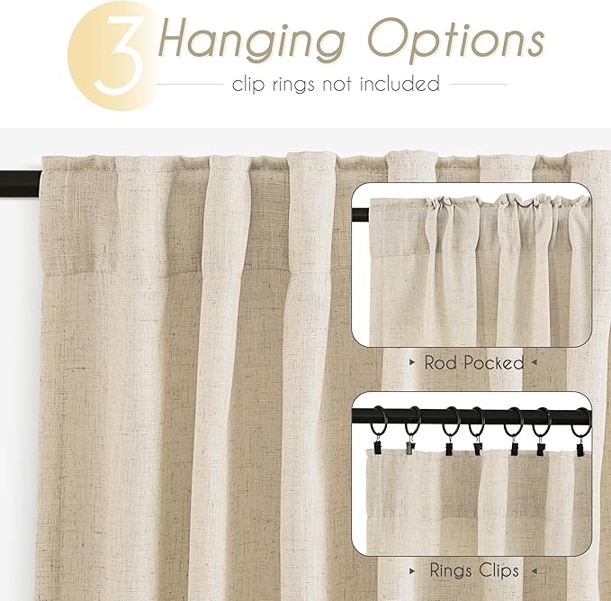 Faux Linen Beige Curtains 84 inches Long for Living Room Rustic Farmhouse Flax Linen Drapes Semi Sheer Burlap Textured Canvas Cloth Curtain Panels Set of 2 Kahki Tan