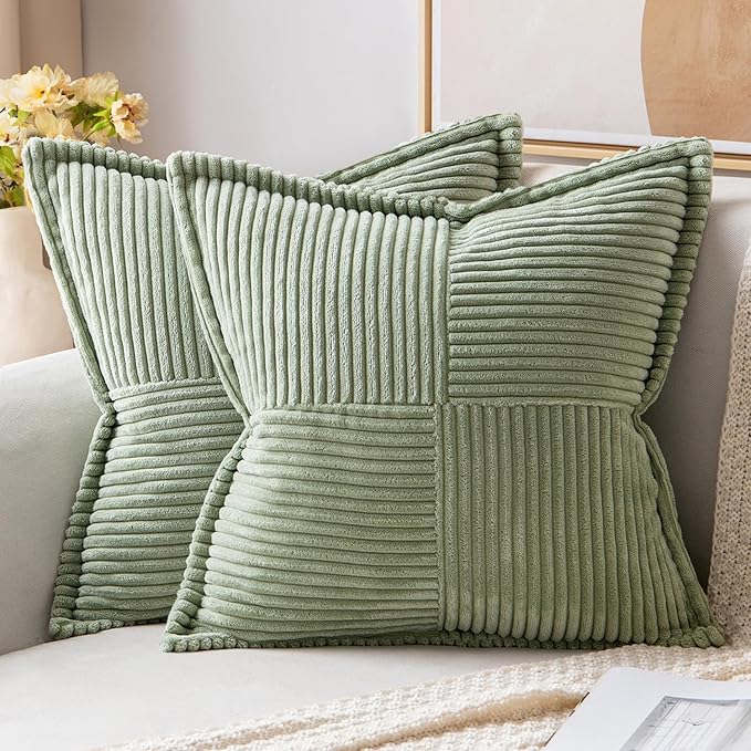 MIULEE Spring Decorative Throw Pillow Covers for Couch Bed Livingroom 18x18 Inch Set of 2 Sage Green Boho Accent Throw Pllows Broadside Striped Patchwork Soft Corduroy Pillowcases