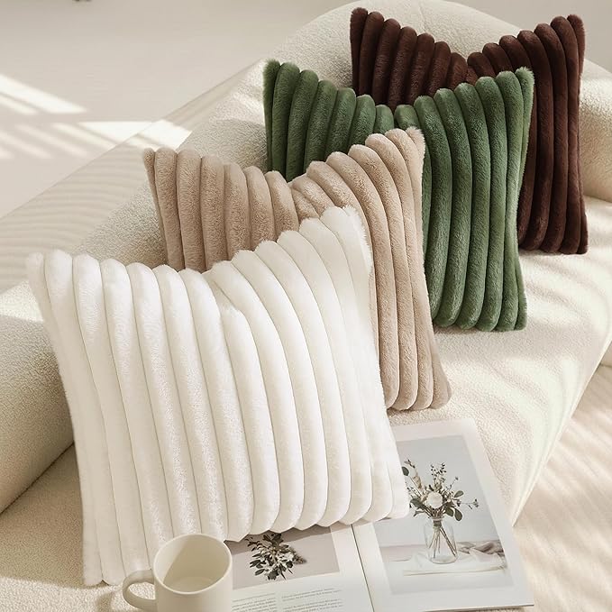 decorUhome Cozy Faux Fur Throw Pillow Covers 12x20 Set of 2 Decorative Soft Plush Striped Lumbar Modern Farmhouse Boho Couch Pillow Cases with Velvet Back for Sofa Bed Living Room, Khaki Brown