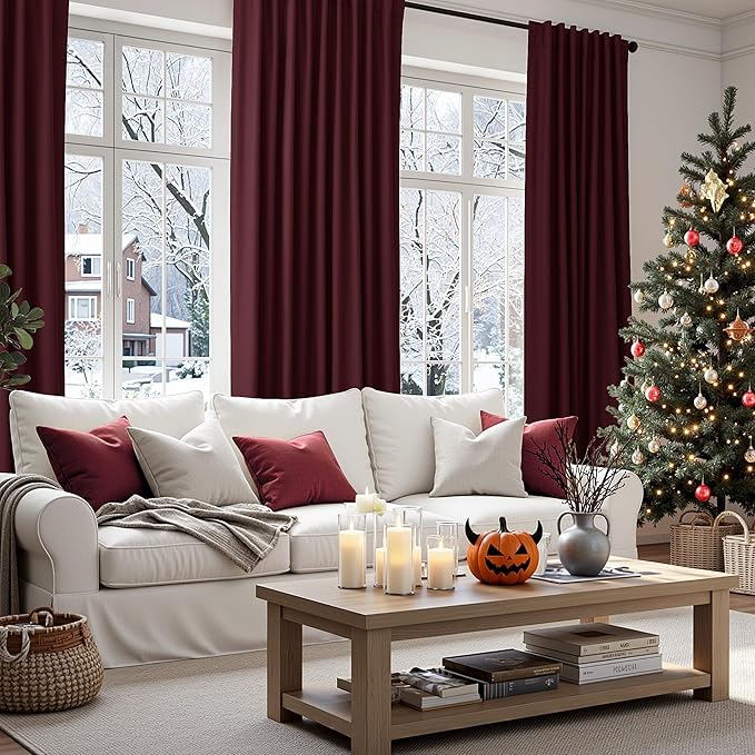 Burgundy 100% Blackout Linen Curtains 72 Inch Length 2 Panels Set for Living Room Bedroom Back Tab Thermal Insulated Black Out Drapes Room Darkening Farmhouse Style for Bedroom Window Curtains 52x72