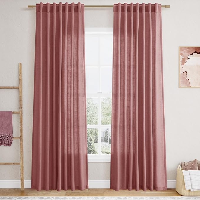Canyon Rose Linen Curtains 84 Inch Length 2 Panels Set for Living Room Rod Pocket Back Tab Light Filtering Window Drapes for Bedroom Dining Room Protect Privacy Country Farmhouse Decor 52x84