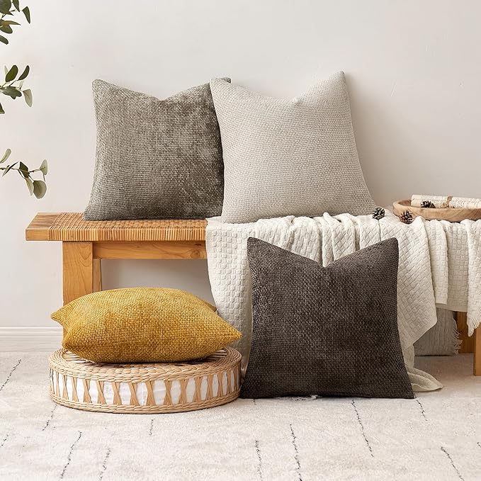 MIULEE Pack of 2 Couch Throw Pillow Covers 18x18 Inch Neutral Dark Brown Boho Accent Decorative Pillow Covers Soft Chenille Farmhouse Cushion Covers for Home Decor Bed Sofa Living Room