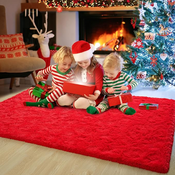 Chicrug Soft Area Rugs for Bedroom Living Room Plush Fluffy Rug 6x9 Feet, Shag Furry Area Rug Carpet Non Shedding for Nursery Children Kids Girls Room Home Decorative, Red