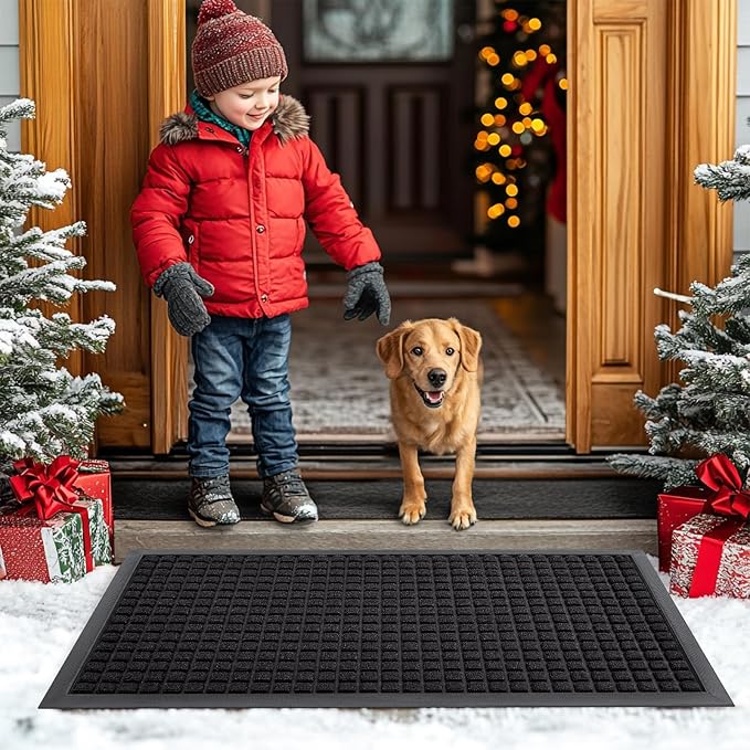 Smiry Front Door Mat Outside Entrance, Heavy Duty Natural Rubber Doormat, Non Slip, Trap Dirt and Moisture, Easy Clean, Low Profile Welcome Floor Mats for Indoor Outdoor Entry, 29.5x17 Inch, Black