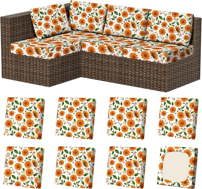 8Pcs Stretch Patio Cushion Covers, Outdoor Couch & Sofa Replacement Slipcovers for Patio Furniture Cushion Covers, Washable Reusable Furniture Protector