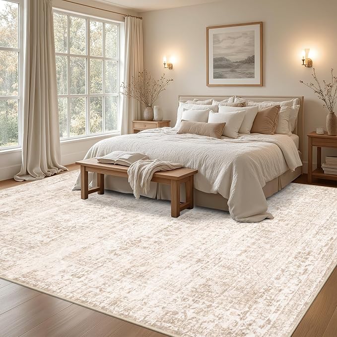 8x10 Area Rugs for Living Room: Washable Rug Soft Vintage Boho Carpet Indoor Floor Non-Slip Stain Resistant Floral Large Carpets for Bedroom Dining Room Farmhouse Nursery Home Office Beige