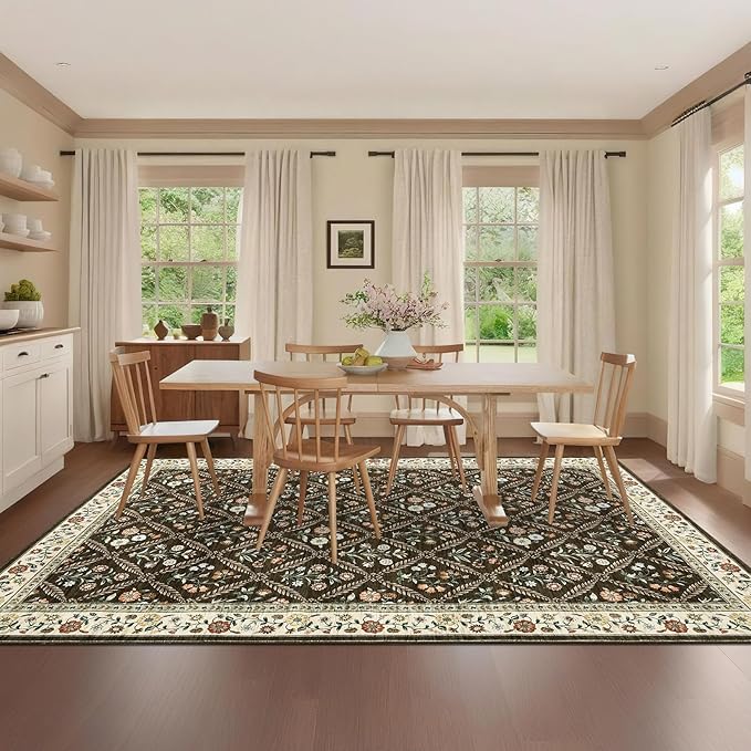 GarveeHome 8x10 Washable Large Living Room Rug Water Resistant Distressed Vintage Floral Non Slip Low Pile Soft Rug for Bedroom Farmhouse Dining Room Kids Playroom Nursery Brown Natural