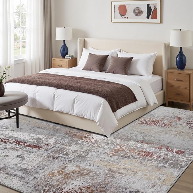 Toneed Abstract Area Rug Modern Washable Rug Soft Non Slip Rug Low Pile for Bedroom Living Room Dining Room Taupe Grey Brown 7x10 Feet
