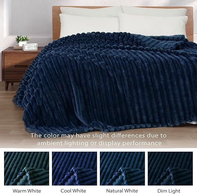 Exclusivo Mezcla California King Size Flannel Fleece Blanket, Super Soft Striped Jacquard Bed Oversized Blanket, Lightweight Fuzzy Cozy for All Seasons, 120x120 Inches, Navy Blue