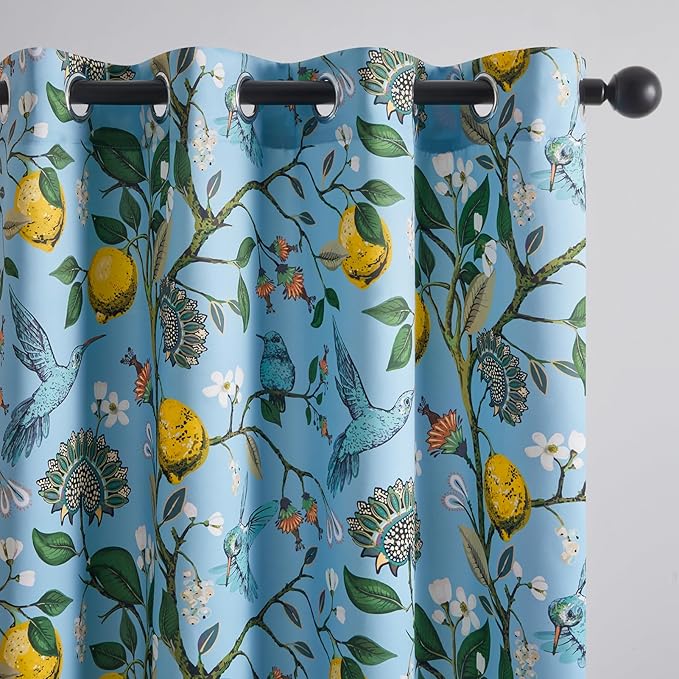 Topfinel Blue and Gold Unique Blackout Curtains 63 Inches Long 2 Panels, Floral Hummingbird Lemon Printed Colorful Energy Efficient Antique Noise Grommet Drapery Treatment for Window Nursery Classroom