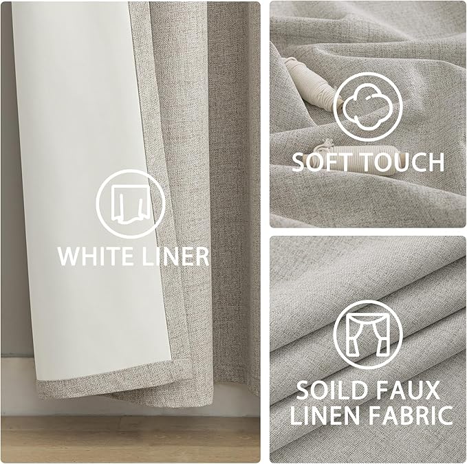 Yakamok Oatmeal Linen Curtains 100% Blackout 96 Inches Long,Room Darkening Textured Curtains for Living Room Thermal Grommet Bedroom Curtains 2 Panels with White Liner