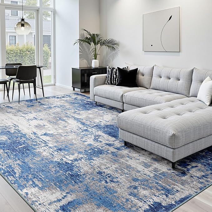 Washable Area Rugs 7x10 Non-Slip Modern Abstract Soft for Living Room Entryway Bedroom Nursery, Print Pattern, Blue Grey Navy Gray