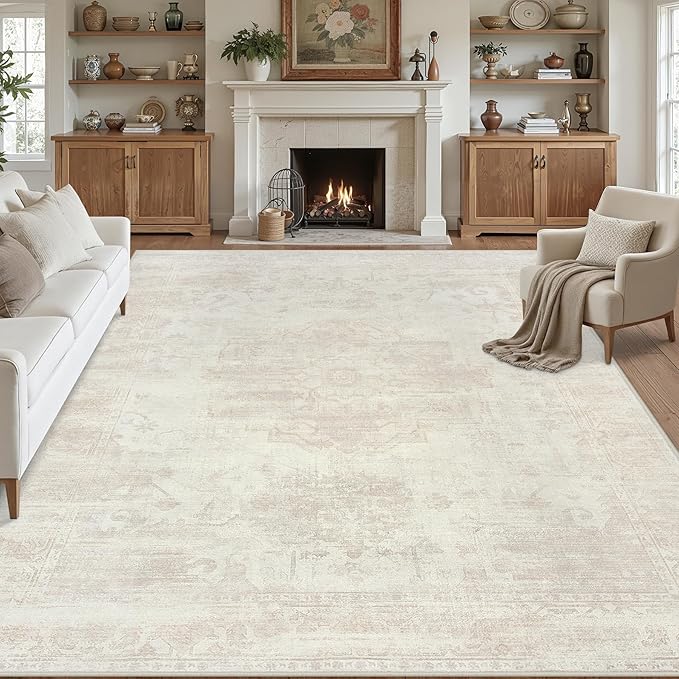 Area Rugs 9x12 Living Room: Vintage Boho Neutral Washable Rug Indoor Soft Large Area Rug Carpet for Bedroom Nursery Farmhouse Dining Room Office Floor Non-Slip Low Pile Under Table Rug Cream Beige