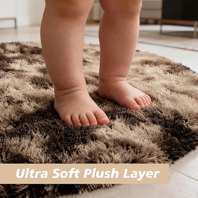 Tie-Dyed Coffee Fluffy Round Rug,Soft Area Rugs for Girls Room,Shaggy Rugs 4'X4' for Living Room,Non Slip Circle Rug for Kids Bedroom,Shag Plush Nursery Carpets,Fuzzy Rug for Dorm,Room Decor Carpet