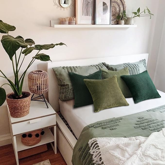 Topfinel Christmas Decorative Throw Pillow Covers Green Series,Winter Fluffy Corduroy Striped Euro Pillows Shams for Couch Bed Bedroom,Western Modern Hunter Green Pillowcase 20x20 Inch Set of 4