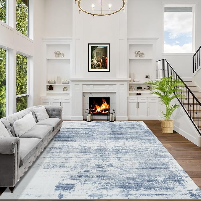 10x14 Area Rugs Washable Rug: Modern Abstract Living Room Rug Soft Anti-Skid Thin Carpet Indoor Floor Non-Shedding Carpets for Bedroom Dining Room Farmhouse Nursery Home Office Blue White