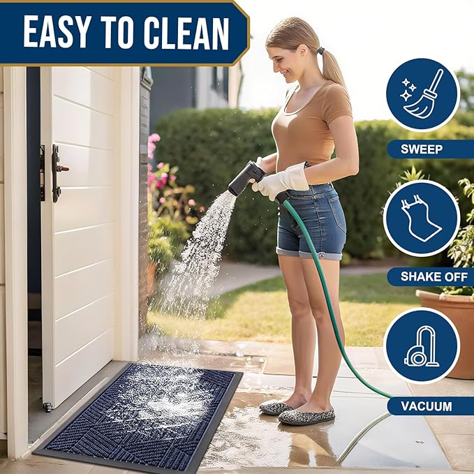 Smiry Front Door Mat Outside Entrance, Heavy Duty Sturdy Natural Rubber Doormat, Trap Dirt and Moisture, Easy Clean Low Profile Mats for Indoor Outdoor Entry, Irregular Triangle (29.5x17, Navy Blue)