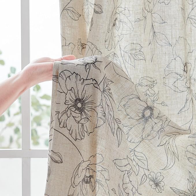 jinchan Floral Linen Curtains for Living Room 63 Inch Length Grey Flower Curtain Rod Pocket Back Tab Farmhouse Curtains with Printed Floral Bedroom Window Curtain Set, 2 Panels Gray