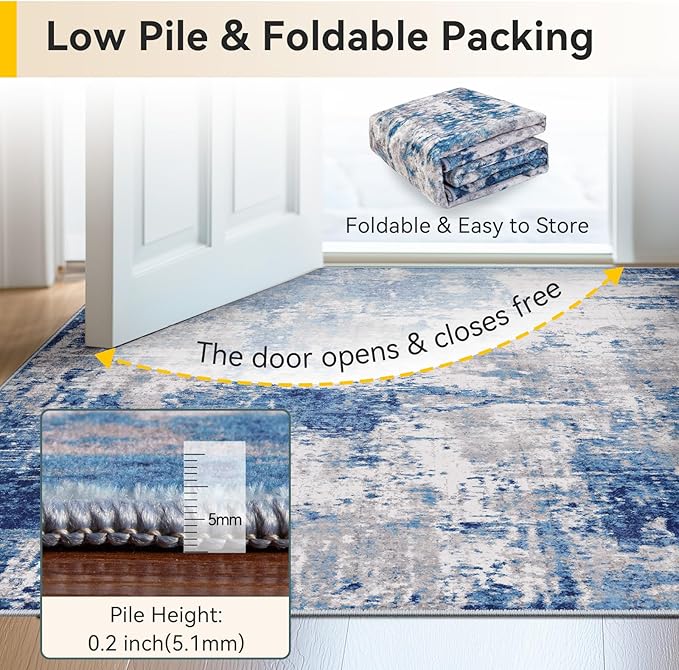Washable Area Rugs 3x8 Non-Slip Modern Abstract Soft for Living Room Entryway Bedroom Nursery, Print Pattern, Blue Grey Navy Gray