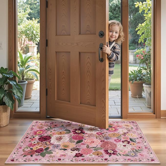 2x4 Entryway Runner Rugs, Non Slip Washable Rugs with Rubber Backing Soft Floral Carpet Runner for Kitchen, Laundry, Bedroom, Bathroom(2 x 4, Pink Garden)
