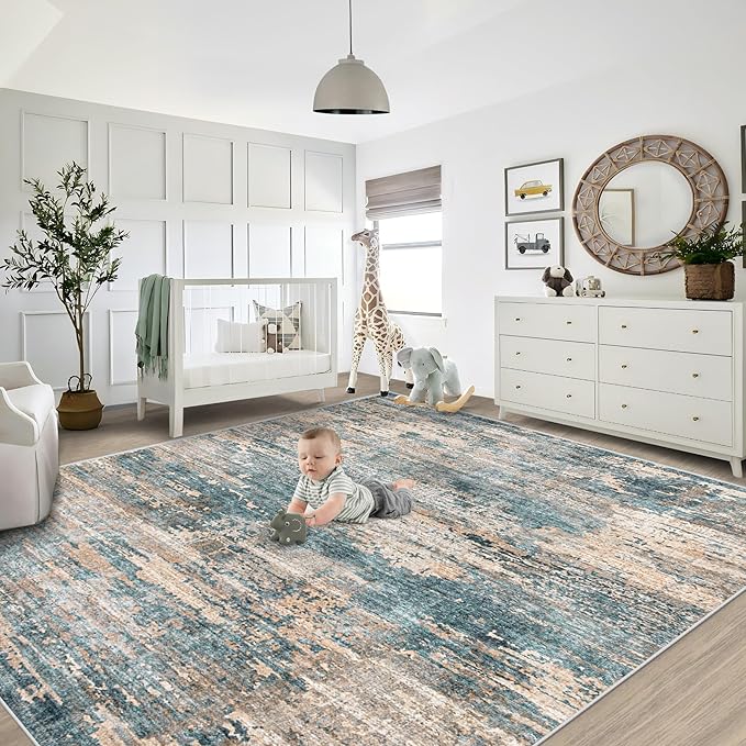 8x10 Area Rugs for Living Room, Washable Modern Abstract Large Area Rug Neutral Soft Non Slip Kids Rug Stain Resistant Indoor Carpet for Bedroom Nursery Dining Room Playroom(GreenBrown, 8'x10')