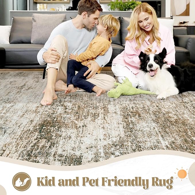 6x9 Area Rugs for Living Room, Washable Modern Abstract Large Area Rug Neutral Soft Non Slip Kids Rug Stain Resistant Indoor Carpet for Bedroom Nursery Dining Room Playroom(Brown, 6'x9')