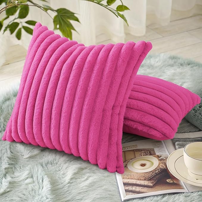 decorUhome Summer Cozy Faux Fur Throw Pillow Covers 20x20 Set of 2 Decorative Soft Plush Striped Modern Farmhouse Boho Couch Pillow Cases with Velvet Back for Sofa Bed Living Room, Hot Pink