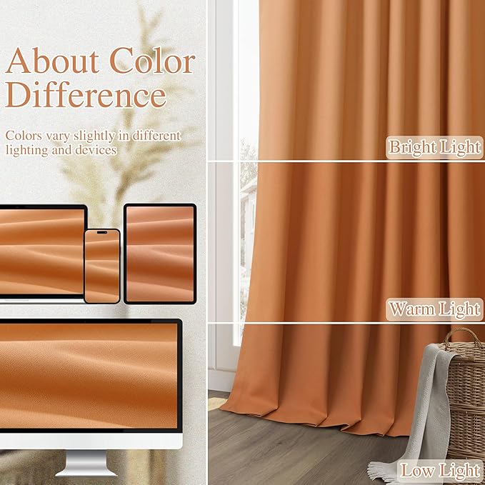Guken Orange 100% Blackout Linen Curtains 120 Inch Length 2 Panels Set for Living Room Bedroom Back Tab/Rod Pocket Thermal Insulated Black Out Drapes Room Darkening Farmhouse Window Curtains 52x120