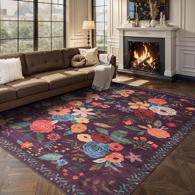 Living Room Rugs, Area Rugs 5x8 Rug for Bedroom Ultra-Thin Soft, Non-Slip Washable Rugs Stain Resistant Boho Rug Low-Pile Throw Rug for ‎Dining Room Office (5 x 8, Purple)