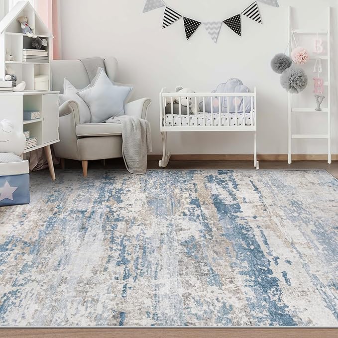 pmtsns Area Rugs 6x9 for Living Room: Washable Rug Modern Abstract Neutral Soft Non-Slip Low-Pile Indoor Carpet for Bedroom Dining Room Playroom Home Office (Light Blue Brown, 6'x9')