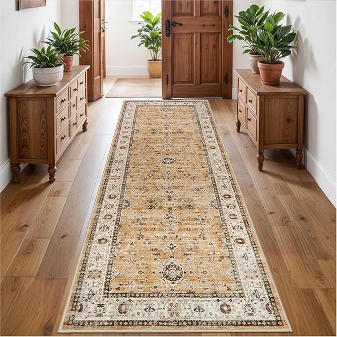Washable Runner Rug 3x8 - Hallway Runner Rug Kitchen Rugs and Mats Non Skid Washable Waterproof Carpet Runner for Living Room Bedroom Bathroom (Gold, 3X8)