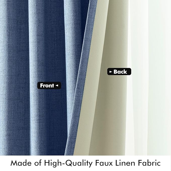 MIULEE 100% Blackout Linen Curtains for Bedroom, Blue Solid Luxury Decor Thermal Insulation Room Darkening Drapes for Living Room Nursery Back Tab Rod Pocket 42 x 96 Inches, 2 Panels