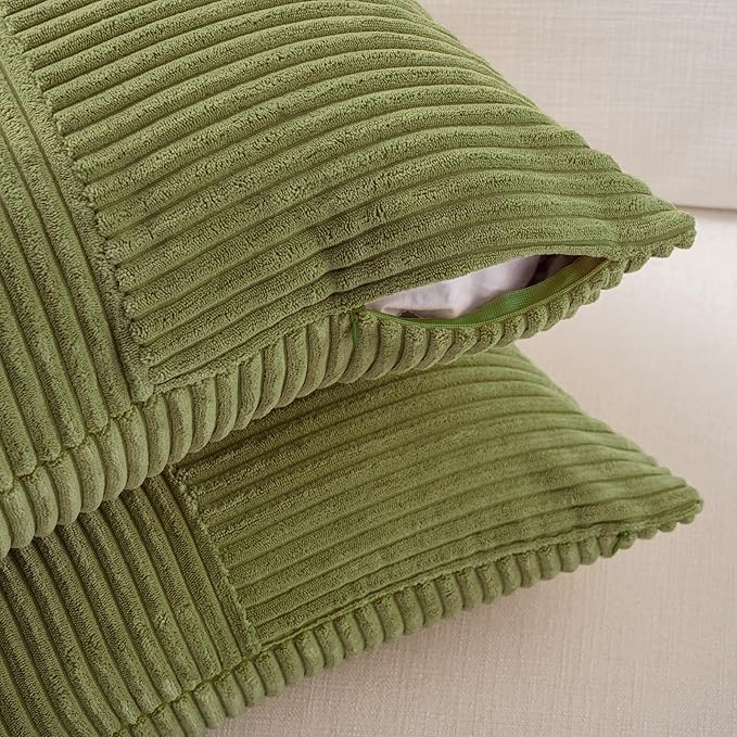 Fancy Homi 2 Packs Moss Green Lumbar Decorative Throw Pillow Covers 16x28 Inch for Living Room Couch Bed, Rustic Farmhouse Boho Home Decor, Soft Striped Corduroy Rectangle Accent Cushion Case 40x70 cm
