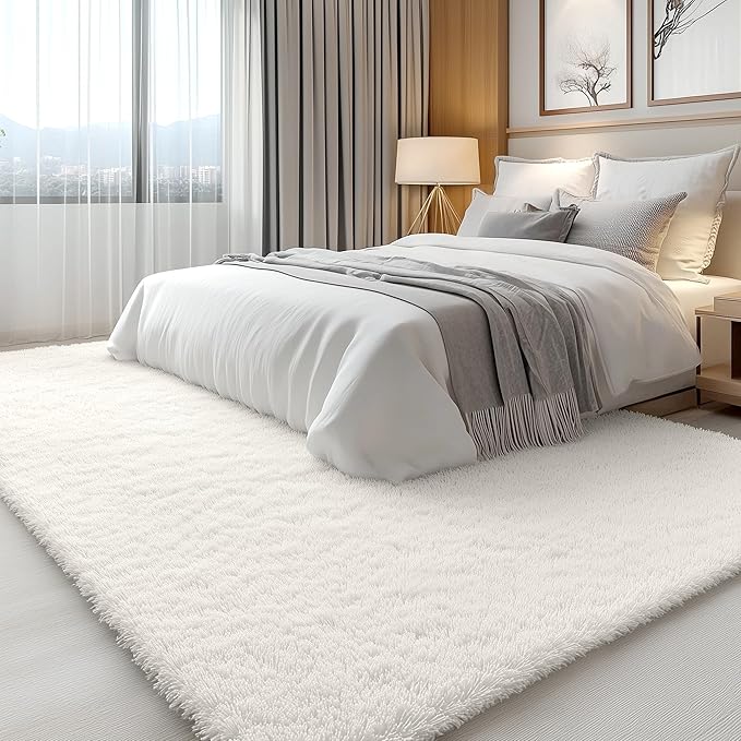 OLANLY 6x7 Area Rugs for Living Room Bedroom, Machine Washable Soft Fluffy Shaggy Bedside Rug, Indoor Floor Carpet for Kids Girls and Boys, Dorms, Nursery Rooms, Home Decor Aesthetic, Ivory