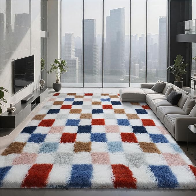 Shag Area Rug for Bedroom Living Room,4x6 Fluffy Soft Colorful Checkered Rug Fuzzy Shaggy Bedroom Carpet,Indoor Plush Floor Rugs for Kids Boys Girls Teen Dorm Nursery Home Decor
