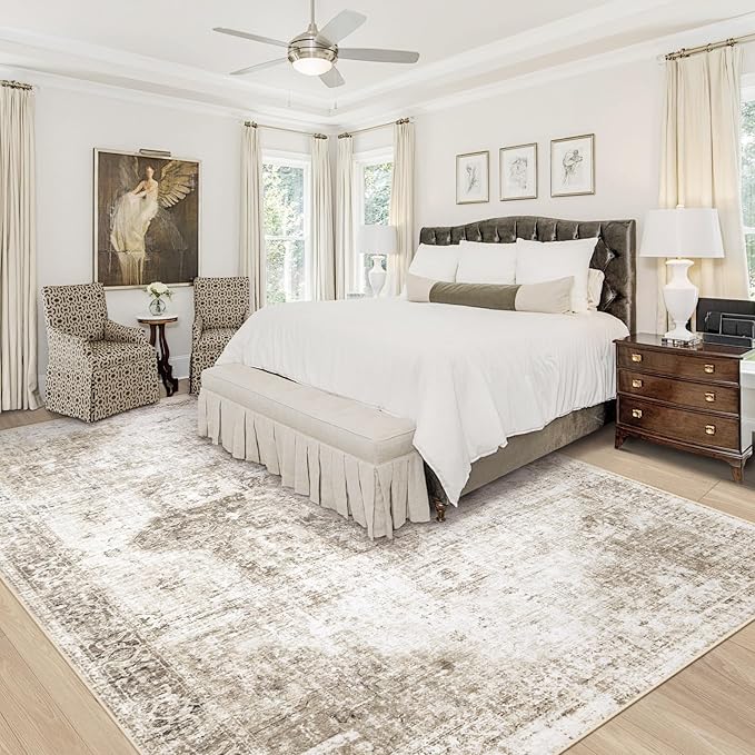 Area Rug 9x12 Washable Rug, Vintage Boho Medallion Rugs Non-Slip Soft Low Pile Large Distressed Rug Indoor Retro Carpet for Living Room Bedroom Dining Room Home Office (Taupe, 9'x12')