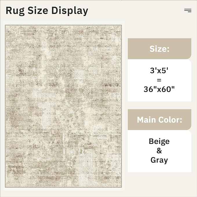 3x5 Rug, Small Area Rug for Kitchen, Entryway, Machine Washable Non-Slip Throw Rug, Vintage Carpet for Nursery Coffee Table Beige/Gray