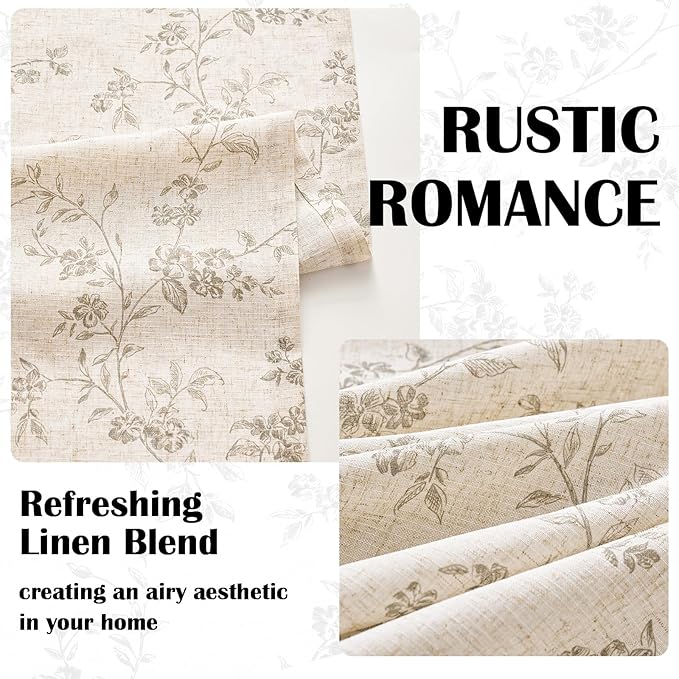 Lazzzy Grey Floral Linen Curtains 90 Inch Farmhouse Back Tab Drapes for Living Room Bedroom Light Filtering Vintage Grandmillennial Rod Pocket Curtains, 2 Panels, W38 x L90, Grey on Beige