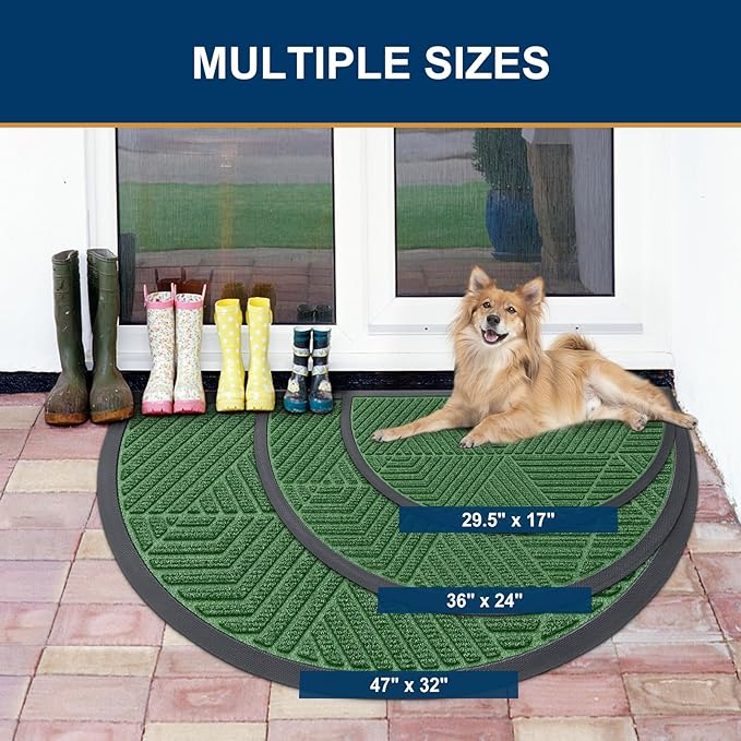 Smiry Half Circle Front Door Mat Outside Entrance, Heavy Duty Sturdy Natural Rubber Doormat, Trap Dirt and Moisture, Low Profile Mats for Indoor Outdoor Entry, Irregular Triangle (47x32, Green)