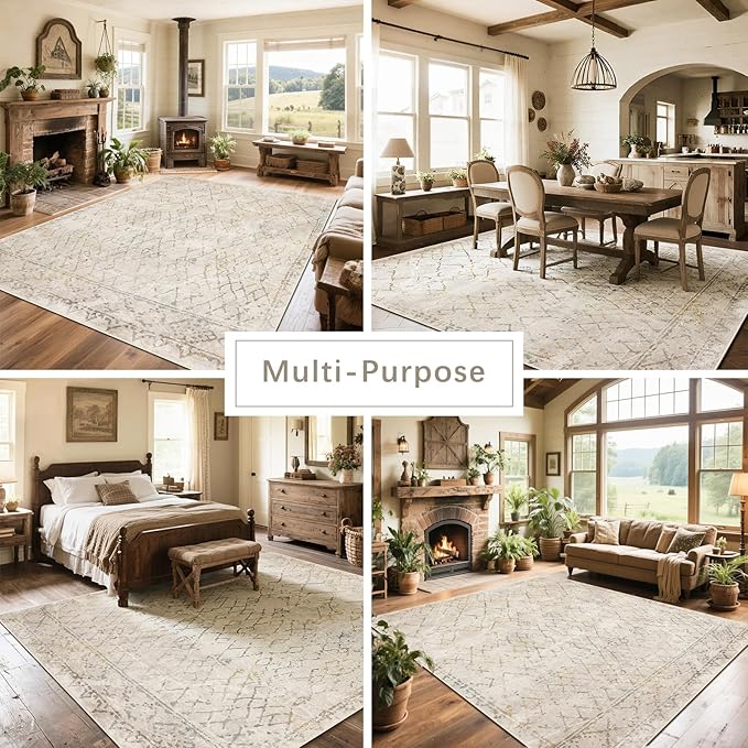 Washable Rugs 8x10 Area Rugs for Living Room,Bedroom,Dining Room- Large Ultra Soft Faux Wool Retro Carpet,Non Slip&Non-Shedding Low Pile Morocco Rug for Home Office Dorm Decor(Camel-Blue-Orange)