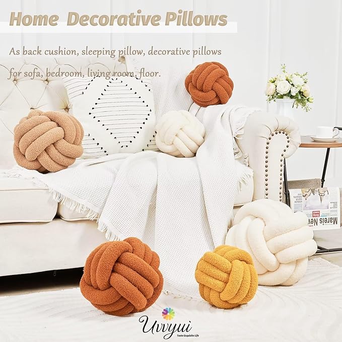 Uvvyui Knot Pillow Ball, Soft Home Decorative Round Throw Pillow, Handmade Knotted Plush Pillow, Round Boucle Pillow Cushion (8.6 Inches Sage Green)