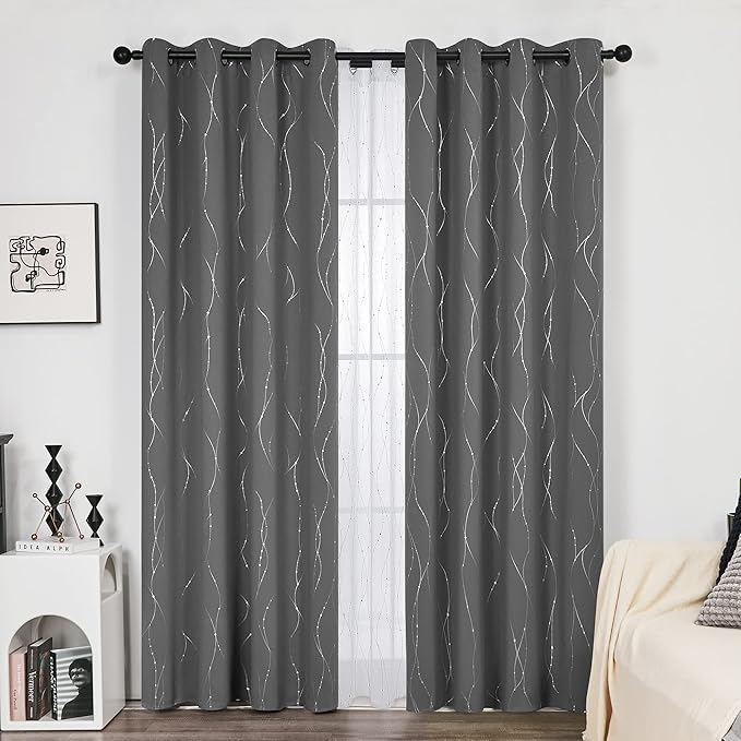 Deconovo Blackout Curtains 108 Inches Long, Grey Blackout Curtain with Silver Wave Dots Print Pattern, Thermal Insulated Soundproof Drapes for Sliding Glass Door Patio Living Room Bedroom, Set of 2