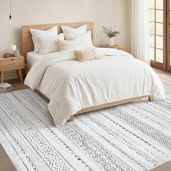 Nakagishi Area Rug Living Room Rugs: 12X15 Machine Washable Boho Large Neutral Farmhouse Stain Resistant Moroccan Indoor Floor Carpet for Bedroom Nursery Dorm Dining Room Home-Color Gray
