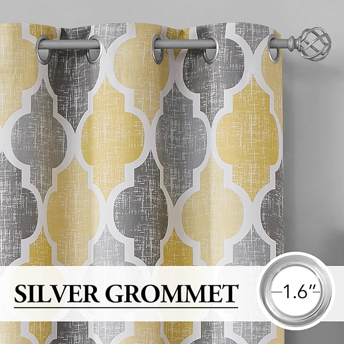 Beauoop 100% Blackout Curtains 72 Inches Long 2 Panels for Bedroom Living Room Yellow Grey Moroccan Geo Room Darkening Thermal Insulated Soundproof Grommet Top Window Treatments Drapes, 50x72 Set of 2