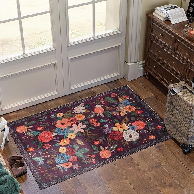 Floral Rug for Entryway, 2X3 Washable Kitchen Mat Ultra-Thin Soft, Non-Slip Indoor Door Carpet Stain Resistant Boho Small Low-Pile Throw for Bathroom Bedroom (2 x 3, Purple Lawn)