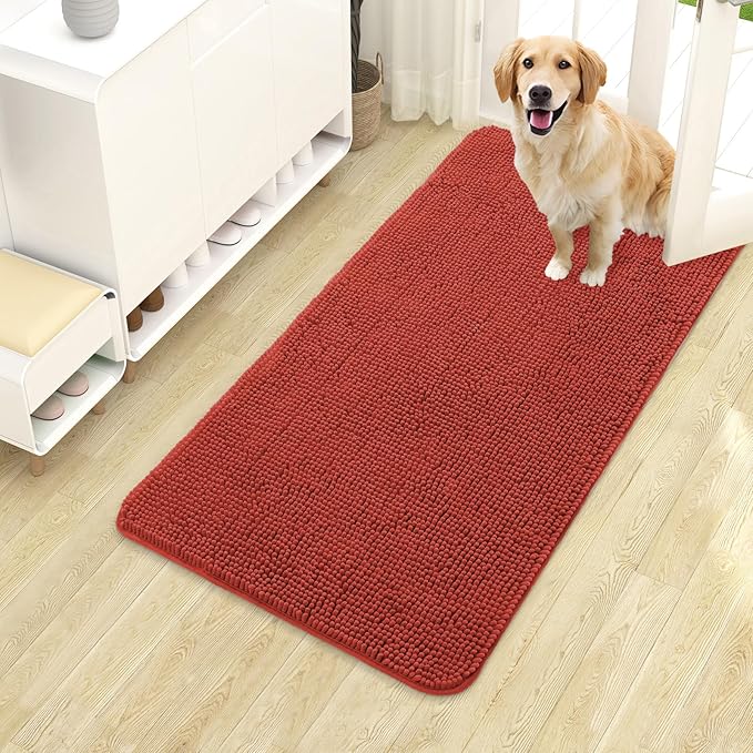 OLANLY Dog Door Mat for Muddy Paws 40x24, Absorbs Moisture and Dirt, Absorbent Non-Slip Washable Doormat, Quick Dry Chenille Mud Mat for Dogs, Entry Indoor Entryway Carpet for Inside Floor, Maple Red